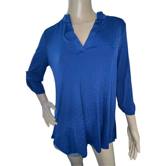 Honeyme Blue V-Neck Stretchy Flowy Half Sleeve Blouse - Picture 1 of 5